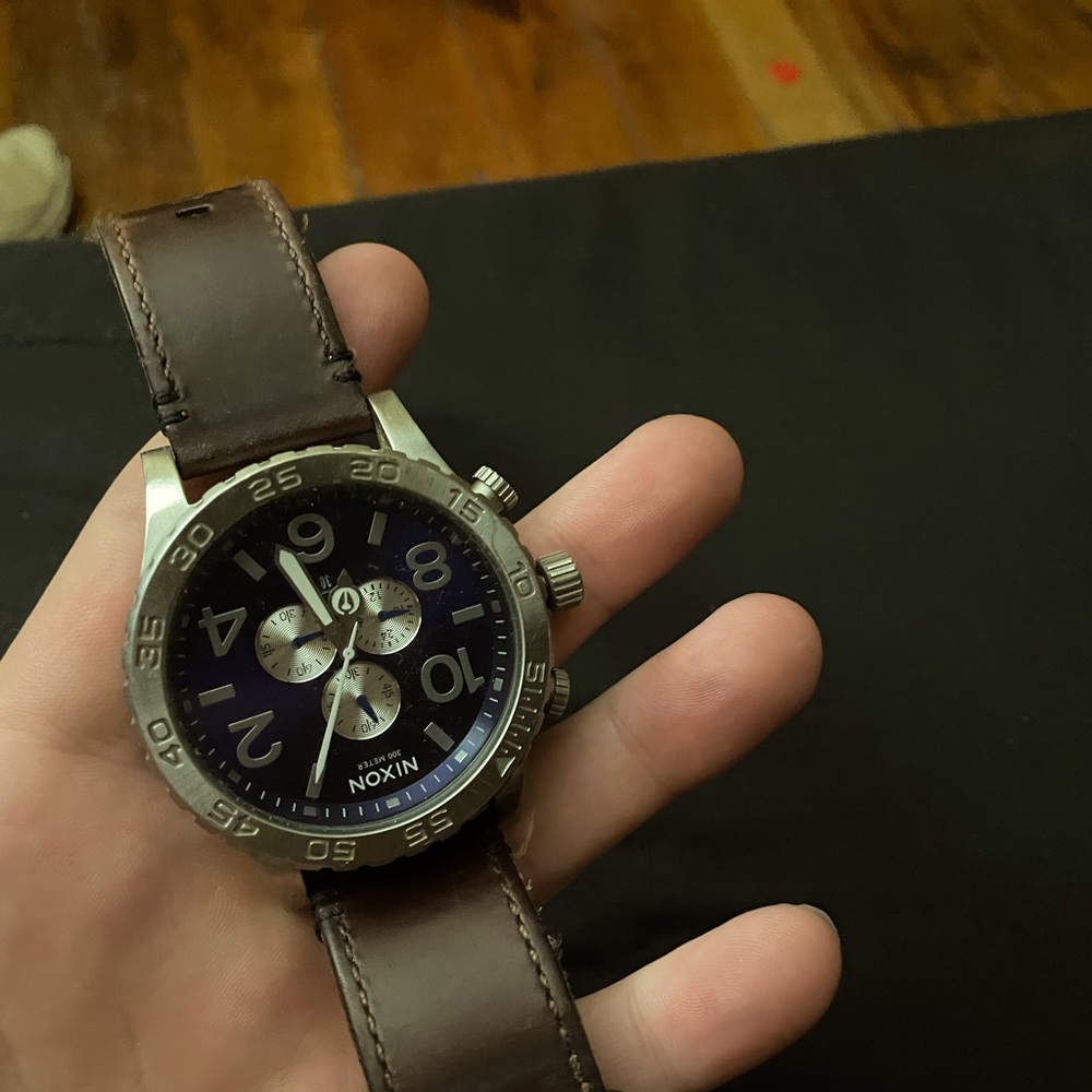 Chrono 51-30, blue face , silver ring. Brown leather strap